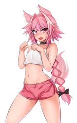  1boy alternate_costume animal_ears astolfo_(fate) bare_shoulders braid braided_ponytail check_commentary choker commentary commentary_request cowboy_shot crop_top dog_boy dog_ears dog_tail fate/grand_order fate_(series) hair_between_eyes hevn long_hair looking_at_viewer male_focus midriff navel oerba_yun_fang open_mouth otoko_no_ko pink_eyes pink_hair shorts simple_background skin_fang sleeveless solo tail tongue white_background 