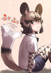  african_wild_dog_(kemono_friends) african_wild_dog_print afterimage animal_ears beige_background black_eyes black_hair blush brown_hair commentary dog_ears dog_tail female hair_between_eyes highres kemono_friends layered_sleeves long_sleeves looking_at_viewer multicolored_hair pantyhose pantyhose_under_shorts print_pantyhose print_sleeves shirt short_hair short_over_long_sleeves short_sleeves shorts simple_background sitting solo sparkle tail tail_wagging takami_masahiro translated two-tone_hair white_shirt 