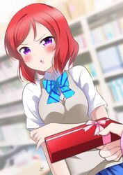  blue_bow blue_bowtie blue_skirt blush bow bowtie box brown_sweater_vest collared_shirt female gift gift_box highres holding holding_gift indoors looking_at_viewer love_live! love_live!_school_idol_project nishikino_maki open_mouth otonokizaka_school_uniform plaid plaid_skirt pleated_skirt purple_eyes red_hair school_uniform shirt short_hair short_sleeves signature skirt solo_focus striped_bow striped_bowtie striped_clothes summer_uniform sweater_vest white_shirt zero-theme 