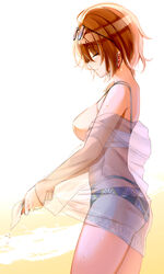  absurdres aketa_mikoto bad_id bad_pixiv_id beach bikini breasts brown_hair circulatormai closed_eyes cowboy_shot earrings eyewear_on_head female highres holding_shawl idolmaster idolmaster_shiny_colors jewelry md5_mismatch medium_breasts mismatched_bikini print_bikini profile resolution_mismatch sand see-through see-through_shawl shawl side_ponytail smile solo source_smaller squeezing swimsuit tinted_eyewear water_drop 