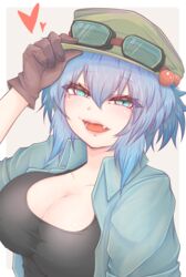  blue_eyes blue_jacket breasts brown_gloves cleavage commentary_request cube85 eyewear_on_head female flat_cap gloves green_hat hair_between_eyes hair_bobbles hair_ornament hand_on_headwear hat heart highres jacket kawashiro_nitori large_breasts looking_at_viewer oerba_yun_fang open_mouth simple_background solo touhou two_side_up upper_body white_background 