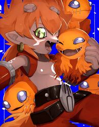  anthro bandai_namco brown_body brown_fur digimon digimon_(species) digimon_frontier ear_piercing ear_ring feral fire flamemon fur green_eyes group hair hi_res male nipples one_eye_closed piercing red_hair ring_piercing sewn_mouth shirtless takedaconomi2 tattoo wink 