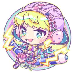  animification apex_legends blue_eyes blue_gloves blue_jacket blush bodysuit chibi female gloves hood hooded_jacket ichizen_keiki jacket kawaii_voltage_wattson knee_pads lichtenberg_figure pink_bodysuit pink_headwear pointing pointing_up ribbed_sweater scar scar_on_cheek scar_on_face sitting smile solo star_(symbol) star_in_eye sweater symbol_in_eye turtleneck turtleneck_sweater wattson_(apex_legends) yellow_sweater 