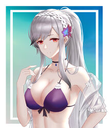  absurdres azur_lane bikini blue_gemstone braid breasts butterfly_hair_ornament choker cleavage crown_braid dunkerque_(azur_lane) dunkerque_(summer_sucre)_(azur_lane) female front-tie_bikini_top front-tie_top frozen-sad gem gradient_background grey_hair hair_ornament highres long_hair looking_at_viewer medium_breasts official_alternate_costume ponytail purple_bikini red_eyes see-through see-through_sleeves simple_background solo swimsuit 