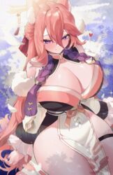  absurdres animal_ear_fluff animal_ears bad_id bad_pixiv_id blush breasts cleavage dana_(epic_seven) epic_seven female flower fox_ears hair_between_eyes hair_ornament highres japanese_clothes large_breasts legband petals pink_hair purple_eyes rima_(0136) sidelocks smile thighs 