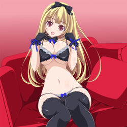  adjusting_bra adjusting_clothes black_bra black_gloves black_panties black_ribbon black_thighhighs blonde_hair bow bow_bra bow_panties bra breasts commentary_request couch detached_collar dutch_angle female gloves hair_ribbon head_tilt highres kikuchi_tsutomu lace-trimmed_legwear lace_trim large_breasts long_hair looking_away navel neck_ribbon on_couch open_mouth original panties purple_eyes ribbon sitting smile solo string_panties thighhighs underboob underwear underwear_only 