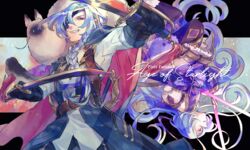  1boy belt black_gloves blue_hair braid copyright_name dual_wielding eyepatch feline gloves highres holding light_blue_hair male_focus mirion pixiv_fantasia pixiv_fantasia_age_of_starlight purple_eyes solo standing sword upside-down vest weapon yokutoru_yohani 