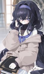  absurdres bad_id bad_pixiv_id bags_under_eyes black_hair black_undershirt blue_archive blue_eyes blue_hairband blue_neckerchief blush book cardigan commentary_request female hair_between_eyes hairband halo highres jewelry long_hair long_sleeves looking_at_viewer low_twintails neckerchief necklace pleated_skirt rima_(0136) sailor_collar school_uniform serafuku simple_background skirt solo twintails ui_(blue_archive) very_long_hair white_background white_serafuku white_skirt 