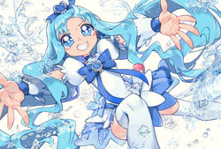  bad_id bad_pixiv_id blue_bow blue_choker blue_eyes blue_hair blue_skirt blue_theme bow brooch choker cure_marine earrings female flower_earrings grin hair_ornament heart heart_brooch heart_hair_ornament heartcatch_precure! jewelry kurumi_erika long_hair looking_at_viewer magical_girl outstretched_arms pouch precure puffy_sleeves simple_background skirt smile solo spread_arms taki_(tkai40) thighhighs water white_background white_thighhighs wrist_cuffs 