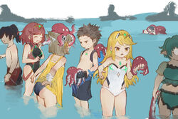  3boys 4girls aged_down anger_vein angry animal animal_ear_fluff animal_ears animal_on_head ass backpack bag black_hair blonde_hair bob_cut brown_hair cat_ears chest_jewel daible dress glasses gloves green_hair grey_hair highres holding holding_animal leaning_forward male_swimwear multiple_boys multiple_girls mythra_(radiant_beach)_(xenoblade) mythra_(xenoblade) nia_(fancy_sundress)_(xenoblade) nia_(xenoblade) noah_(xenoblade) octopus official_alternate_costume on_head one-piece_swimsuit open_mouth pandoria_(beach_date)_(xenoblade) pandoria_(xenoblade) partially_submerged pointy_ears ponytail pout pyra_(pro_swimmer)_(xenoblade) pyra_(xenoblade) red_hair rex_(cloud_sea_shark)_(xenoblade) rex_(xenoblade) round_eyewear smile sound_effects sundress swim_trunks swimsuit tentacle tiara water wet wet_clothes wet_hair xenoblade_chronicles_(series) xenoblade_chronicles_2 xenoblade_chronicles_3 zeke_von_genbu_(surfinator)_(xenoblade) zeke_von_genbu_(xenoblade) 