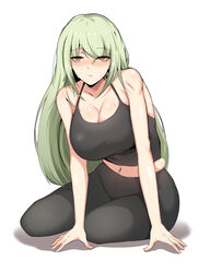  absurdres banshee_(last_origin) blush breasts cleavage expressionless eyes_visible_through_hair female full_body halusal-i highres huge_breasts last_origin light_green_hair looking_at_viewer midriff navel simple_background sitting solo spandex sports_bra sweat white_background yellow_eyes 