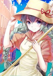  alice_carroll aria_(manga) artist_name blue_eyes blue_sky blurry blurry_background braid breasts brown_hat cowboy_shot dress eyelashes female green_hair hair_between_eyes hands_up hat hat_ribbon highres holding holding_oar hood hood_down hoodie long_hair medium_breasts oar official_alternate_costume orange_hoodie outdoors puffy_short_sleeves puffy_sleeves red_ribbon ribbon short_sleeves sidelocks signature sky smile solo sun_hat telaform twin_braids white_dress 