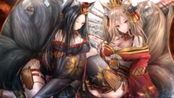  2girls absurdres animal_ear_fluff animal_ears azur_lane bare_shoulders black_hair black_kimono black_thighhighs borrowed_character breasts brown_hair cleavage fishnets forehead fox_ears fox_tail hair_ornament hat highres holding japanese_clothes kayjae kikumon kimono kiseru kitsune kyuubi large_breasts long_hair looking_at_viewer mini_hat multiple_girls multiple_tails musashi_(dishwasher1910) obi off_shoulder one_eye_closed orange_eyes original parted_bangs red_eyes red_kimono sakura_empire_(emblem) sash smoking_pipe tail thighhighs white_thighhighs yamato_(dishwasher1910) 