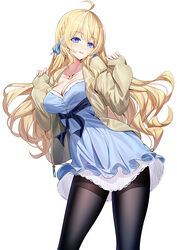  ahoge black_pantyhose blonde_hair blue_dress blue_eyes blue_ribbon braid breasts brown_jacket cleavage collarbone commentary_request dress female hair_ribbon highres jacket large_breasts long_hair long_sleeves looking_at_viewer open_clothes open_jacket original pantyhose pinching_sleeves puffy_long_sleeves puffy_sleeves ribbon ririko_(zhuoyandesailaer) saegusa_futaba simple_background sleeves_past_wrists solo standing very_long_hair white_background 