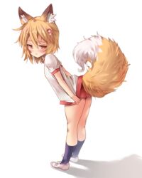  animal_ear_fluff animal_ears ass blonde_hair blush buruma embarrassed female fox_ears fox_girl fox_tail from_side full_body gym_shirt gym_uniform hair_between_eyes hair_ornament kneehighs looking_back medium_hair natsushima_memo senko_(sewayaki_kitsune_no_senko-san) sewayaki_kitsune_no_senko-san shirt shirt_tug shoes simple_background socks solo standing tail white_background white_footwear yellow_eyes 