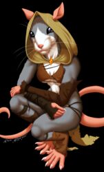  anthro ascar_angainor black_background black_eyes breasts claws clothing female fur grey_body grey_fur hi_res mammal murid murine rat ratfolk rodent simple_background solo tagme under_boob 