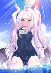  ahoge armpits ball beachball blue_archive blush closed_mouth cloud cloudy_sky commentary_request female highres hina_(blue_archive) hina_(swimsuit)_(blue_archive) horns kido_airaku long_hair looking_at_viewer low_wings name_tag ocean one-piece_swimsuit outdoors pink_eyes revision school_swimsuit sky solo swimsuit thighs water white_hair wings 