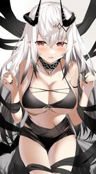  arknights bikini black_bikini black_horns black_nails black_ribbon blush breasts female gradient_hair grey_hair hair_between_eyes hair_ornament hands_up highres horns infection_monitor_(arknights) large_breasts looking_at_viewer material_growth mudrock_(arknights) mudrock_(silent_night)_(arknights) multicolored_hair open_mouth oripathy_lesion_(arknights) pointy_ears raised_eyebrows red_eyes ribbon shiben_(ugvu5784) solo swimsuit two-tone_hair white_hair 