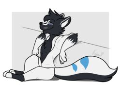  5:4 anthro clothed clothing flytermo2 male mammal mephitid mr._olive open_clothing open_shirt open_topwear sailor_uniform shirt simple_background sitting skunk solo tail topwear 