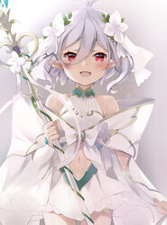  :d antenna_hair bare_shoulders blush clothing_cutout collarbone commentary_request dress elf female flower grey_background grey_hair hair_between_eyes hair_flower hair_ornament holding holding_staff kokkoro_(princess)_(princess_connect!) kokkoro_(princess_connect!) natsume_eri navel navel_cutout open_mouth pointy_ears princess_connect! princess_form_(princess_connect!) red_eyes short_hair sleeveless sleeveless_dress smile solo staff white_dress white_flower 