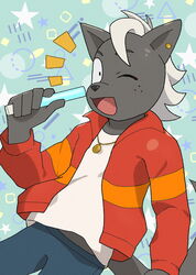  1boy blush earrings furry furry_male gizugazu glowstick happy highres holding holding_glowstick imai_shun jacket jewelry looking_at_viewer male_focus necklace odd_taxi open_mouth red_jacket shirt skunk_boy smile solo white_shirt 