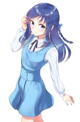  adjusting_hair ayatori_(sensei_heroism) blue_eyes blue_hair blue_necktie blue_shirt collared_shirt cowboy_shot dokidoki!_precure dress female hair_bun hair_ornament hand_up hishikawa_rikka long_hair looking_at_viewer necktie precure shirt sidelocks simple_background single_hair_bun smile solo tucking_hair white_background white_shirt wing_collar 