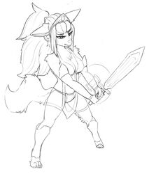  anthro aurum_(kiit0s) breasts canid canine canis cleavage clothed clothing digitigrade female hi_res holding_melee_weapon holding_object holding_sword holding_weapon kiit0s mammal melee_weapon monochrome solo sword weapon wolf 