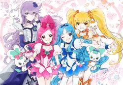  4girls :d ;d black_bow blonde_hair blue_bow blue_choker blue_eyes blue_hair blue_skirt bow brooch center_frills choker chypre_(heartcatch_precure!) coffret_(heartcatch_precure!) cologne_(heartcatch_precure!) copyright_name cowboy_shot creature cure_blossom cure_marine cure_moonlight cure_sunshine earrings elbow_gloves flower flower_earrings frills gloves hair_flower hair_ornament hairbow hanasaki_tsubomi heart heart_background heart_brooch heart_hair_ornament heartcatch_precure! high_ponytail highres holding_hands jewelry kurumi_erika long_hair looking_at_viewer magical_girl multiple_girls myoudouin_itsuki nekozuka_(duka_nkdk) one_eye_closed open_mouth orange_bow orange_choker parted_bangs petals pink_bow pink_choker pink_eyes pink_hair pink_skirt potpourri_(heartcatch_precure!) precure puffy_sleeves purple_choker purple_flower purple_gloves purple_hair purple_rose ribbon_choker rose single_elbow_glove skirt smile standing swept_bangs thighhighs tsukikage_yuri twintails white_legwear wrist_cuffs yellow_eyes 