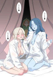  3girls alternate_costume animal_hood barefoot blonde_hair blue_eyes blue_hair blue_skin blush breasts brown_eyes brown_hair closed_mouth collared_shirt colored_skin commentary_request curtains elden_ring extra_arms facial_tattoo forehead green_eyes grey_eyes hair_rings heterochromia highres hood hood_up kuroi_yasu large_breasts long_hair long_sleeves looking_at_viewer medium_breasts melina_(elden_ring) multiple_girls naked_shirt one_eye_closed partially_unbuttoned ranni_the_witch rya_(elden_ring) seiza shirt short_hair sitting sleeves_past_wrists speech_bubble sweatdrop tattoo toes translated unusually_open_eyes 