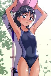  armpits arms_up black_hair black_one-piece_swimsuit blue_eyes commentary_request competition_swimsuit covered_navel cowboy_shot female goggles goggles_on_head highleg highres kickboard leaf long_hair looking_at_viewer one-piece_swimsuit original sasaki_bullet solo swimsuit 