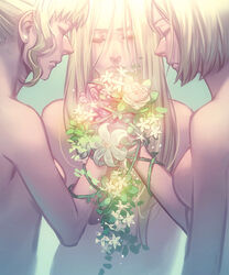  3girls akakokko_(niro_azarashi) birdmen blonde_hair bob_cut bound bound_together bound_wrists closed_eyes closed_mouth earrings eyelashes facing_viewer flower flower_earrings frown green_background hair_between_eyes holding_hands jasmine_(birdmen) jewelry lily_(birdmen) lily_(flower) long_hair multiple_girls nude plant profile rose rose_(birdmen) short_hair sidelocks simple_background straight_hair updo upper_body vines white_flower white_rose 