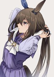  admire_vega_(umamusume) animal_ears arms_behind_head brown_hair female grey_background hair_tie highres horse_ears horse_girl horse_tail long_hair long_sleeves mouth_hold purple_eyes purple_shirt purple_skirt ryusei_(ryusei_b) sailor_collar school_uniform shirt simple_background skirt solo tail tracen_school_uniform twitter_username tying_hair umamusume 