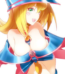  bare_shoulders blonde_hair blush blush_stickers breasts choker cleavage dark_magician_girl duel_monster female green_eyes hat large_breasts long_hair looking_at_viewer open_mouth pentacle simple_background smile solo staff wand white_background wizard_hat yoosai yu-gi-oh! 