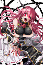  :d absurdres ball_and_chain_restraint bare_arms bare_shoulders black_dress breasts chains china_dress chinese_clothes commentary_request cuffs dress fangs female flower hair_between_eyes head_tilt highres horns ibaraki_douji_(touhou) ibaraki_kasen large_breasts long_hair looking_at_viewer nail_polish oni oni_horns open_mouth pink_flower pink_hair pink_rose red_eyes red_nails rihito_(usazukin) rose shackles skirt sleeveless sleeveless_dress smile solo spoilers touhou white_background white_skirt 