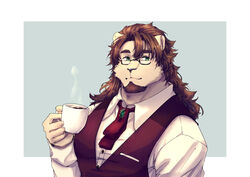  5_fingers absurd_res anthro beard beverage brown_beard brown_facial_hair brown_hair bust_portrait classy emerald_(gem) emerald_(weng-yu_2010) eyewear facial_hair fancy_clothing felid fingers gem gentleman glasses green_eyes hair hi_res holding_beverage holding_coffee_mug holding_object lion long_hair male mammal muscular muscular_anthro muscular_male pantherine portrait simple_background solo steam weng-yu_2010 