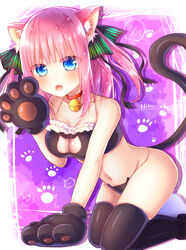  absurdres animal_ears animal_hands bell black_ribbon black_thighhighs blue_eyes blunt_bangs blush breasts butterfly_hair_ornament cat_cutout cat_ears cat_lingerie cat_paws cat_tail cleavage cleavage_cutout clothing_cutout commentary female go-toubun_no_hanayome hair_ornament highres large_breasts looking_at_viewer meme_attire nakano_nino navel neck_bell open_mouth pink_hair ribbon short_hair simple_background solo tail thighhighs two_side_up v-shaped_eyebrows xx_momomo_xx 