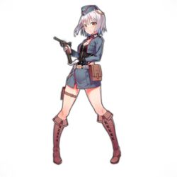  belt black_panties boots brown_eyes brown_footwear cross fangdan_runiu female full_body girls&#039;_frontline gloves gun handgun hat highleg highleg_panties holding holding_gun holding_weapon knee_boots looking_at_viewer luger_p08 official_art p08_(girls&#039;_frontline) panties pouch reloading short_hair skirt solo thigh_strap third-party_source transparent_background underwear weapon white_hair 