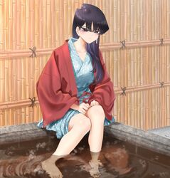  bamboo_fence black_eyes black_hair closed_mouth day female fence highres japanese_clothes kimono komi-san_wa_komyushou_desu komi_shouko long_hair looking_at_viewer mitsugu onsen outdoors sitting soaking_feet solo steam water 