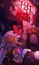  arm_ribbon back_cutout bars blonde_hair broom chains chinese_commentary clock clothing_cutout commentary crack crystal curtains female flandre_scarlet from_behind grandfather_clock hat highres indoors kirisame_marisa ling_huanxiang mob_cap red_skirt red_vest ribbon shirt short_hair_with_long_locks short_sleeves side_ponytail silhouette sitting skirt solo_focus stuffed_animal stuffed_toy stuffing teddy_bear touhou upper_body vest white_headwear white_shirt wings yellow_ribbon 