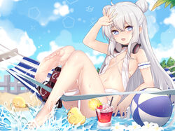  +_+ ahoge animal arm_garter arm_up azur_lane ball bare_shoulders barefoot beachball bikini bird blue_eyes breasts chick cup day double_bun drinking_glass feet female hair_bun hammock headphones headphones_around_neck kana_(kuaua) knees_up le_malin_(azur_lane) le_malin_(mercredi_at_the_secret_base)_(azur_lane) long_hair looking_at_viewer manjuu_(azur_lane) navel official_alternate_costume outdoors shading_eyes sky small_breasts solo stomach sunlight swimsuit symbol-shaped_pupils thighs tropical_drink water white_bikini white_hair 