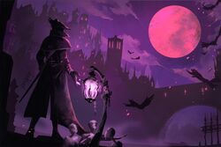  bird bloodborne boots bridge capelet castle cloak cloud coat commentary crow fog from_behind full_body full_moon gate gloves hat hunter_(bloodborne) kintheartist lantern moon red_moon signature tricorne yharnam 