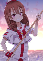  aria_(manga) artist_name azusa_mclaren blush bow bowtie breasts brown_hair cloud cloudy_sky commentary_request cowboy_shot dress earrings eyelashes female fingerless_gloves gloves gradient_sky highres himeya_company_uniform holding holding_oar impossible_clothes impossible_dress jewelry long_hair looking_at_viewer mole mole_under_eye oar ocean outdoors pink_eyes red_bow red_bowtie red_gloves red_headwear sailor_collar short_sleeves signature single_glove sky small_breasts solo sunset teeth telaform twintails two-tone_headwear white_dress white_headwear 