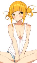  absurdres blonde_hair blunt_bangs blush boku_no_hero_academia breasts cleavage closed_mouth collarbone covered_nipples female highres indian_style looking_at_viewer medium_breasts rasusurasu short_hair simple_background sitting sleeveless solo tank_top toga_himiko white_background white_tank_top yellow_eyes 