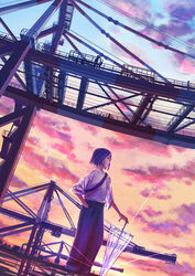  cloud commentary_request crane_(machine) female hand_in_pocket harbor highres holding holding_umbrella original outdoors reflection scenery shirt short_hair standing sunset umbrella white_shirt yuhack 