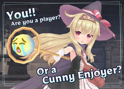  3d absurdres alternate_language bag black_cloak black_dress blonde_hair blush bow cape cloak commentary copyright_notice crying_emoji cunny_(meme) dress emoji english_commentary english_text female game_screenshot gloves hairband hat hat_bow hat_ribbon highres holding holding_staff little_witch_nobeta long_hair meme nobeta official_art open_mouth purple_cape purple_headwear red_eyes ribbon solo staff straight_hair striped_clothes striped_dress uohhhhhhhhh!_(meme) vertical-striped_clothes vertical-striped_dress wand white_gloves witch witch_hat 