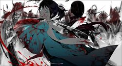  2boys attack battle black_hair blood blood_on_clothes blood_on_face blood_on_weapon blood_splatter blue_eyes crazy_eyes group_battle haori hidden_face holding holding_sword holding_weapon japanese_clothes jikan_sokougun kashuu_kiyomitsu katana long_hair male_focus mole mole_under_eye multiple_boys mzet pale_skin ponytail scarf shadow sheath slashing sword torn_clothes torn_scarf touken_ranbu uchigatana weapon white_scarf wide-eyed yamato-no-kami_yasusada 