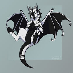  1:1 4_toes ambiguous_gender anthro belly black_body blue_background claws digitigrade dragon favnir_dragon feet full-length_portrait hi_res horn lady-darkstreak long_neck looking_at_viewer membrane_(anatomy) membranous_wings mythological_creature mythological_scalie mythology open_mouth paws portrait scalie sharp_teeth simple_background smile snout solo stomach_bulge tail tattoo teeth toe_claws toes white_body wing_claws wings 