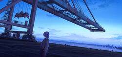  cloud commentary_request crane_(machine) dawn female hands_in_pockets harbor highres jacket ocean original outdoors scenery short_hair sign sky smile solo standing water wide_shot yuhack 