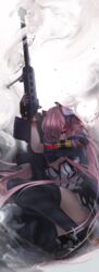  absurdres anti-materiel_rifle barrett_m82 bipod black_thighhighs breasts cleavage covering_own_mouth female fingerless_gloves full_body girls&#039;_frontline gloves gun headgear highres holding holding_gun holding_weapon jacket long_hair m82a1_(girls&#039;_frontline) nakasaku-p on_one_knee pink_hair red_eyes rifle short_sleeves smoke smoking_barrel sniper_rifle solo striped_clothes striped_thighhighs thighhighs very_long_hair weapon 