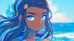  43_pon black_hair blue_eyes blue_hair blurry blurry_background bun_cover closed_mouth commentary dark-skinned_female dark_skin day earrings female hair_bun hair_ornament highres hoop_earrings horizon jewelry long_hair looking_at_viewer multicolored_hair nessa_(pokemon) ocean outdoors pendant pokemon pokemon_swsh portrait single_hair_bun solo two-tone_hair wind 